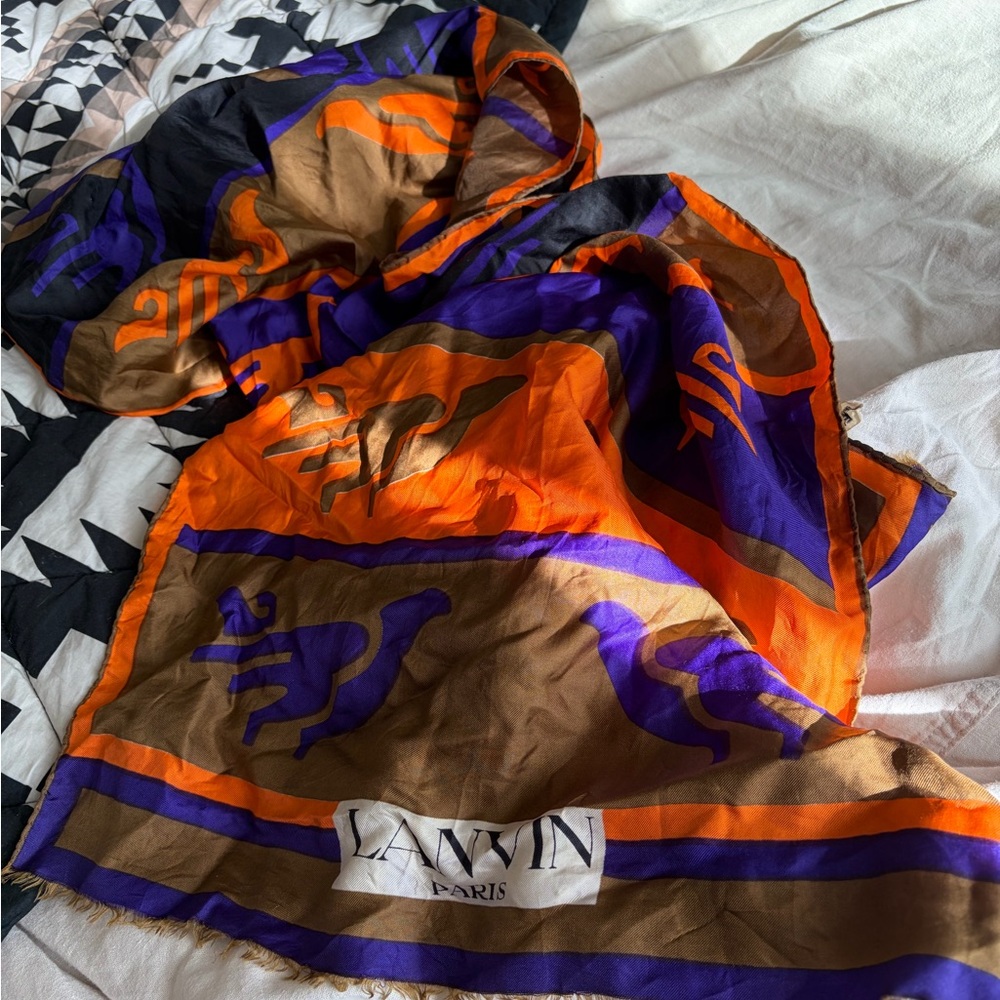Lanvin Silk Scarf with Brown, Orange, and Purple Design